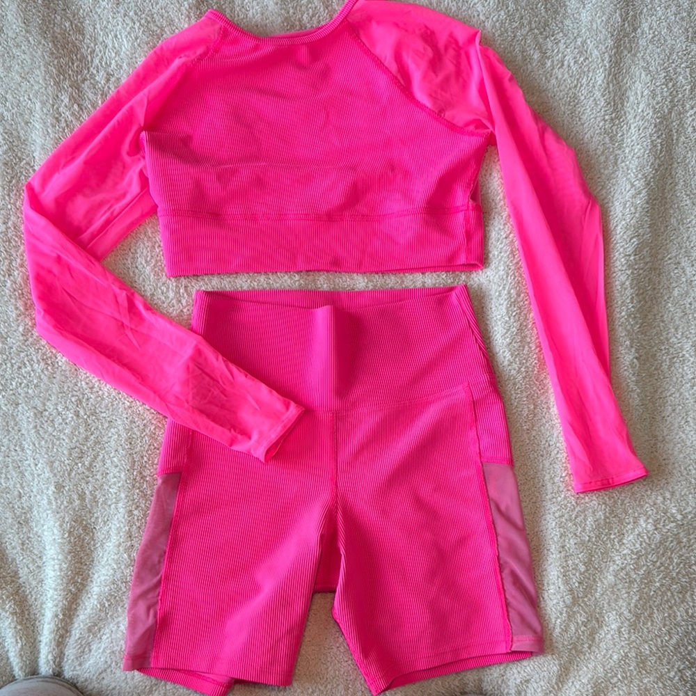 Beach Riot Pink Long Sleeve Crop Top and Shorts Set